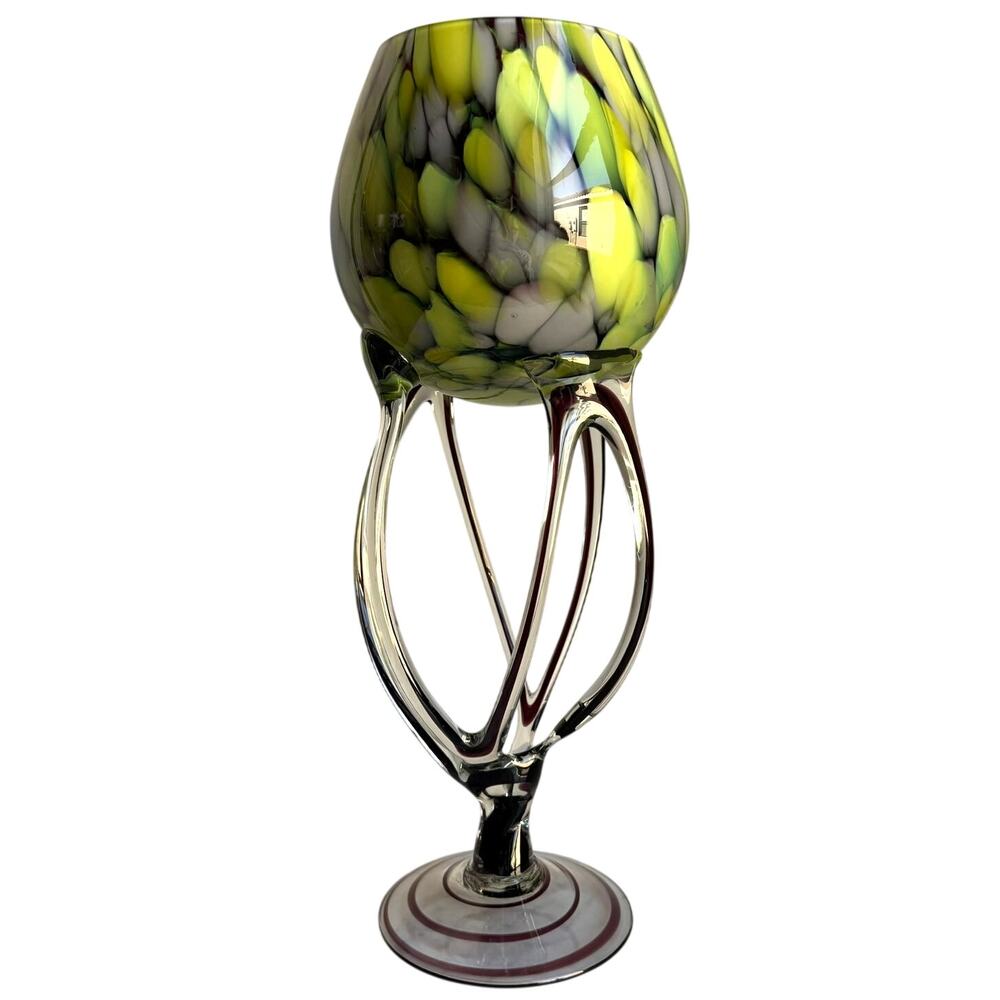Vintage Jozefina Krosno Art Glass Vase Green Mottled Jellyfish Stem Sculptural